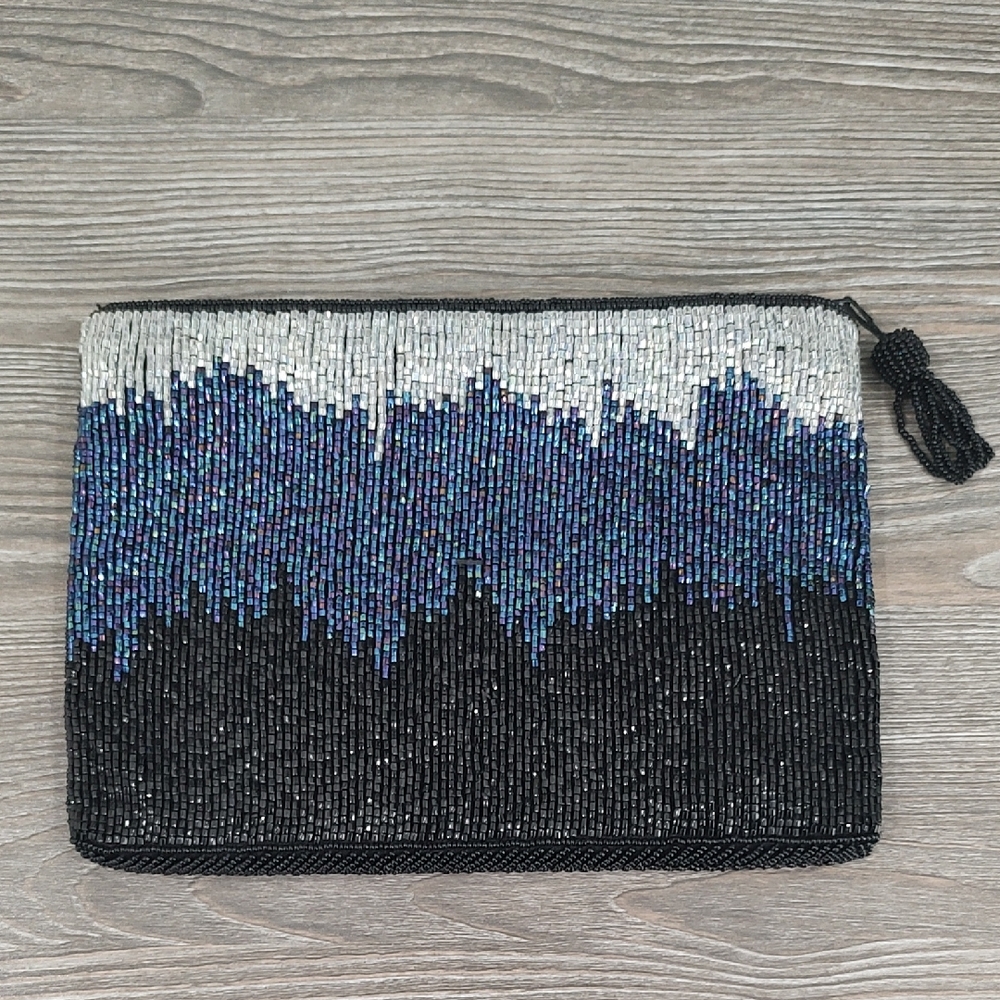 Iridescent Blue Silver and Black Seed Bead Clutch Purse Bag Perfect Condition